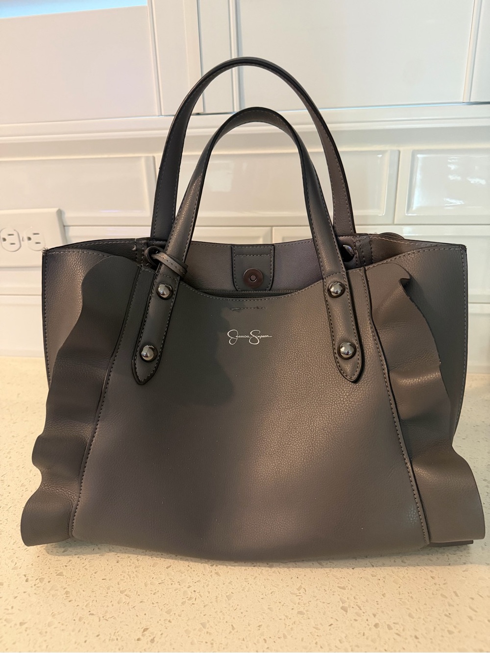 Jessica Simpson Stone Gray Ruffle-Trim Tote, Great Condition